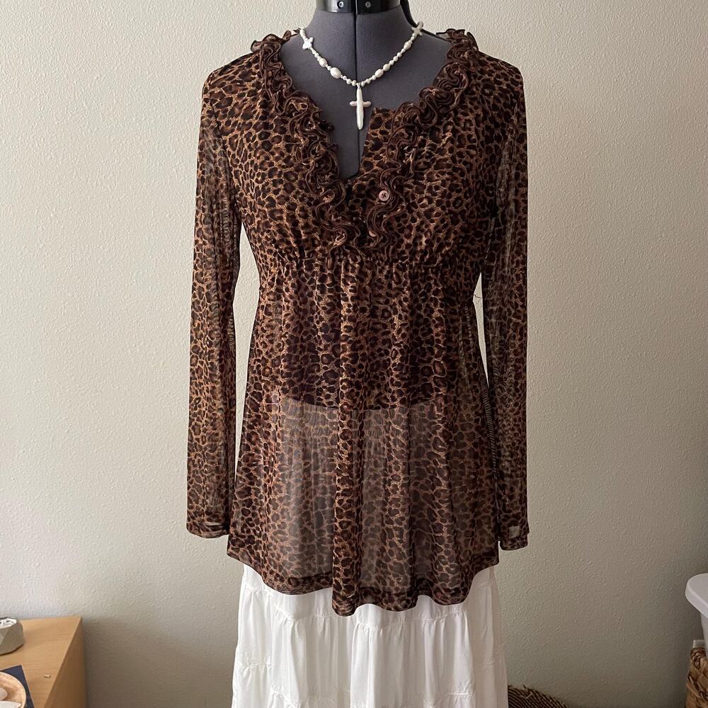 Y2K vintage 2000s semi sheer leopard print babydoll top coquette fairy whimsy